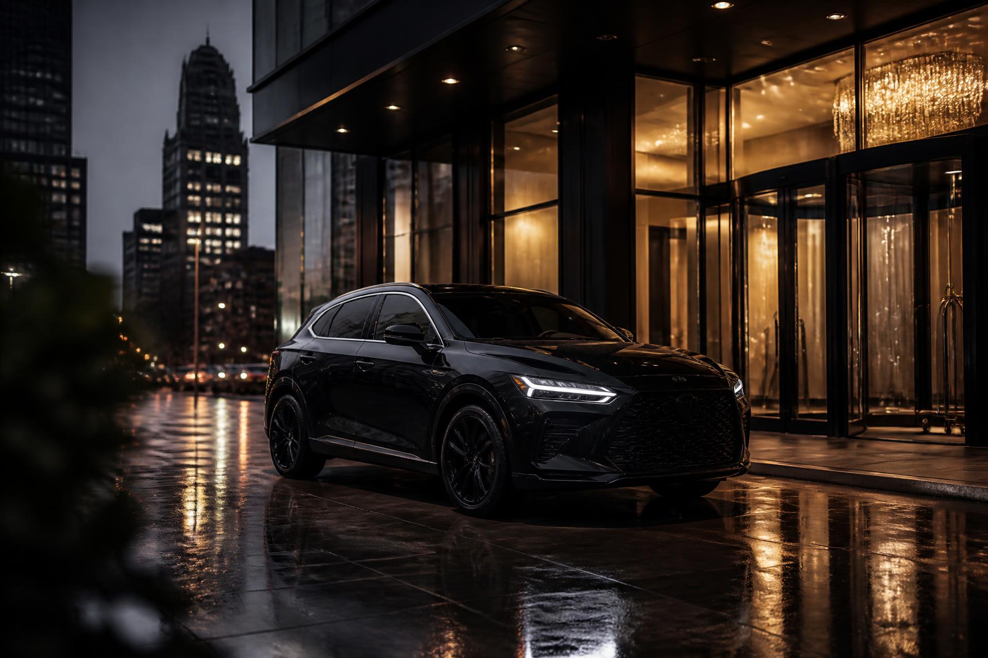 All-black luxury Lexus SUV arriving at a modern downtown Detroit hotel entrance at dusk