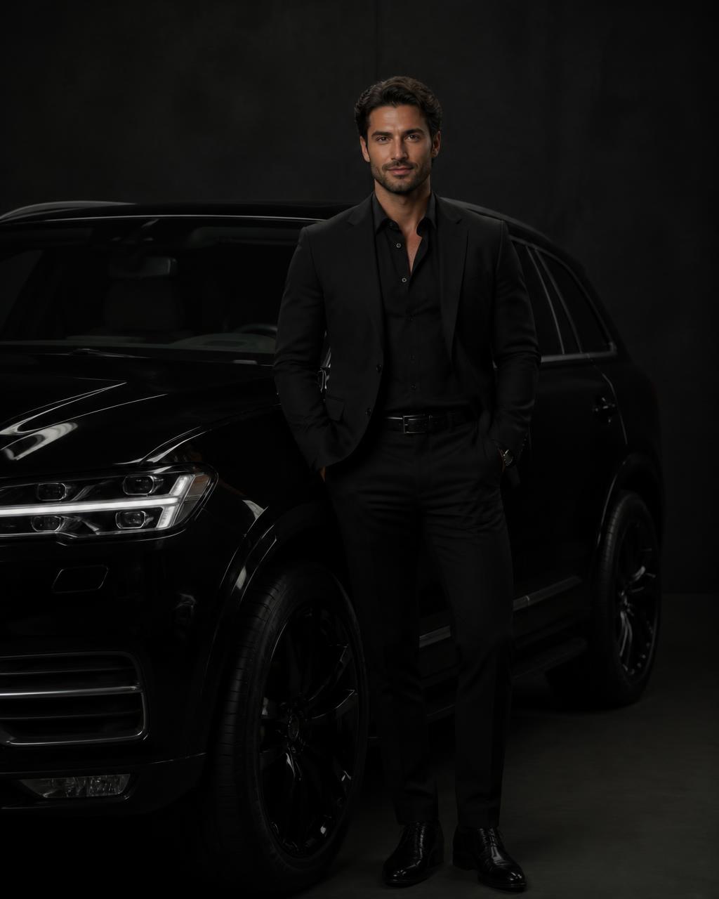 Jacob Sagala, owner and professional driver, beside his black luxury SUV