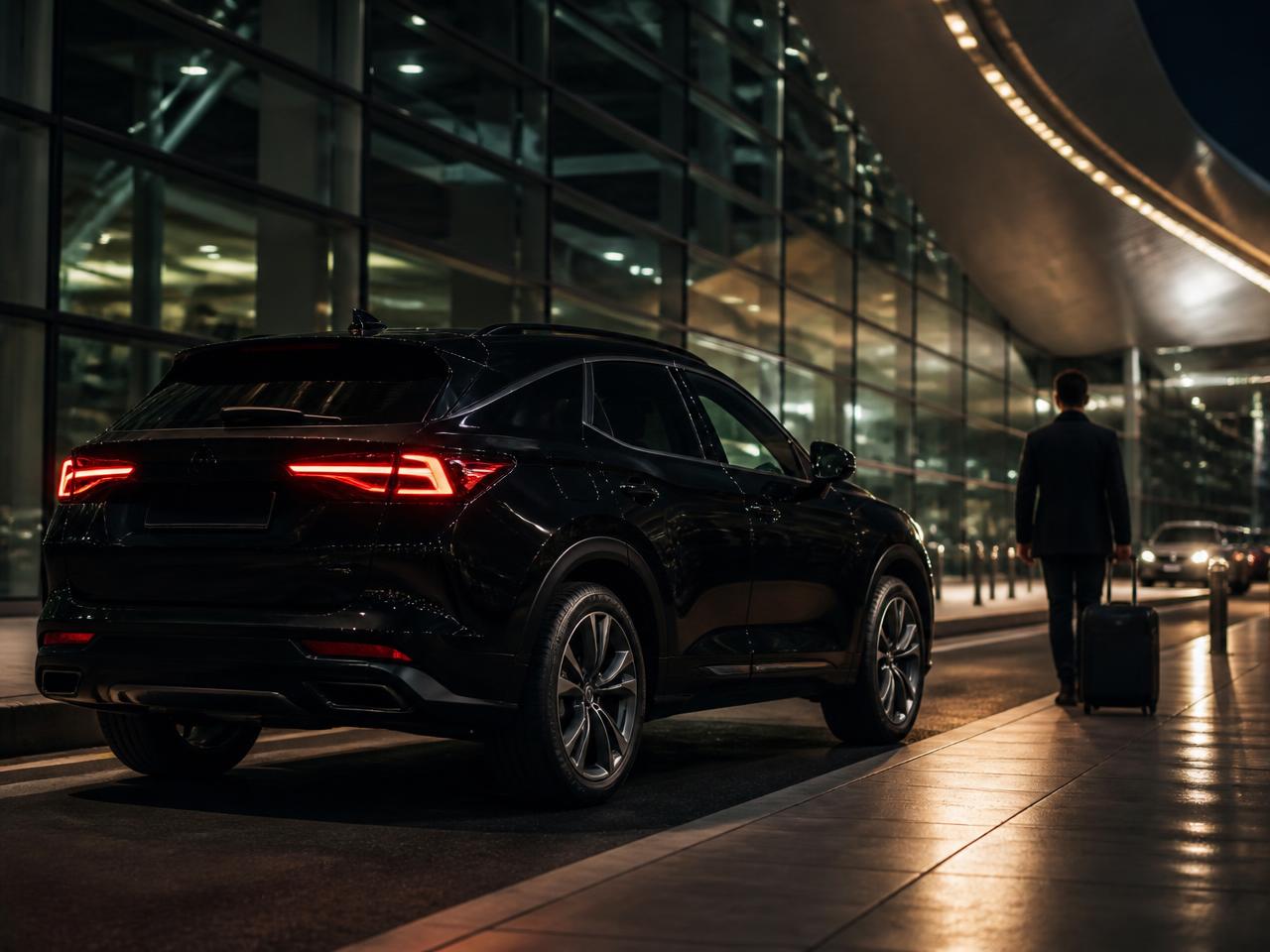 Black luxury SUV waiting curbside at a Detroit airport terminal at night